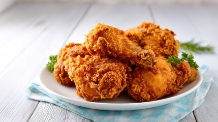 A plate of golden brown crispy fried chicken pieces is placed on a light blue checkered cloth. Fresh parsley adds a touch of color to the appetizing dish