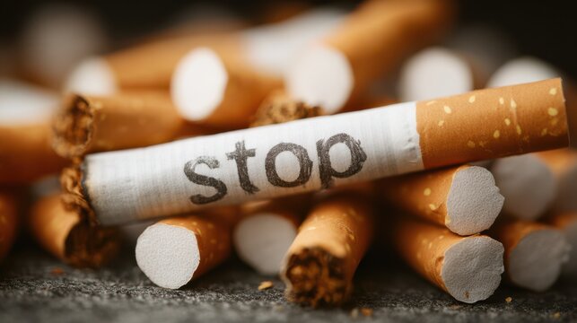 A collection of cigarettes is shown with a single cigarette featuring the word stop. This powerful visual conveys a strong message about quitting smoking
