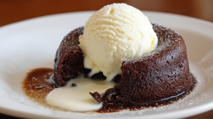 Delicious chocolate lava cake filled with warm chocolate sauce is served with a scoop of creamy vanilla ice cream and drizzled with chocolate sauce on a white plate