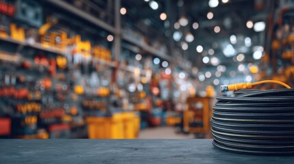 A coiled electrical cable sits on a workbench, highlighted against a blurred backdrop filled with tools and equipment in a bustling warehouse