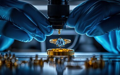 Ring inspection under microscope, gloved hands close