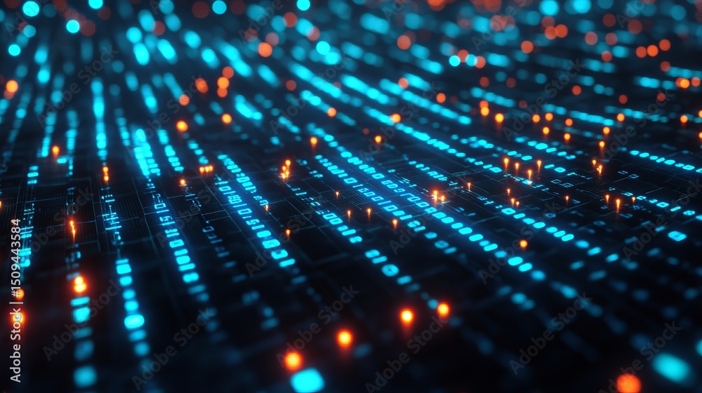 Poster abstract digital data stream futuristic technology background blue orange neon glowing lines circuit