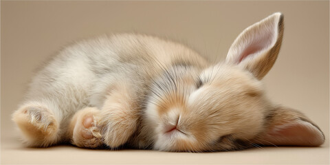 Fototapeta premium Fluffy light-brown bunny resting peacefully on its side on beige backdrop with soft texture 