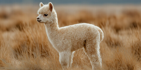 Fototapeta premium Fluffy cream-colored baby alpaca in golden grassland, facing sideways with peaceful posture 