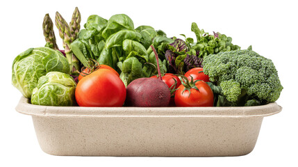 Brimming with a vibrant mix of fresh vegetables like tomatoes, brussels sprouts, and broccoli, a biodegradable container highlights healthy, sustainable living against a transparent background