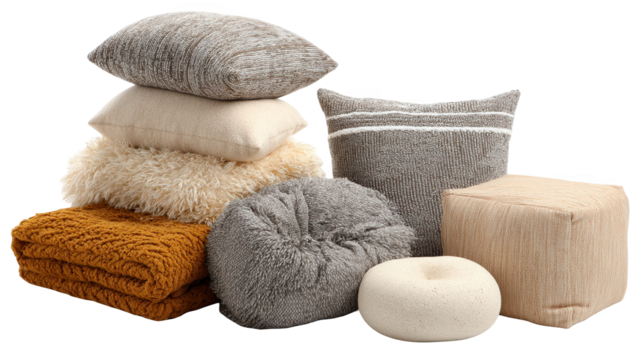 Collection of soft textured cushions and pillows in various shapes, sizes, and colors, stacked with a knitted blanket and pouf, creating a cozy atmosphere on a transparent background