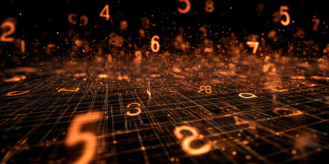 Glowing orange numbers falling into a digital matrix grid creating an abstract code rain effect
