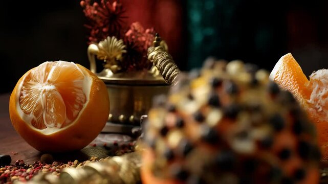 Festive holiday pomander with oranges and cloves displayed with gold accents and star anise on a rustic wooden surface