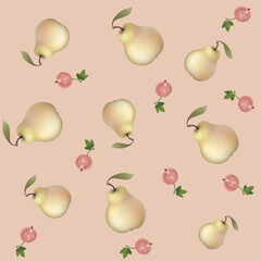 seamless tile pattern with fruits pears and berries pink currants
 on beige powdery soft pastel background