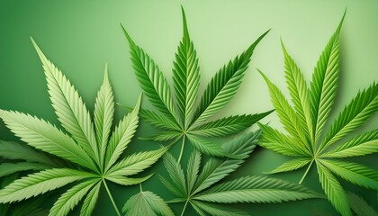 close up of green cannabis leaves on a soft green background