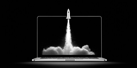 Black and white concept of rocket launching from laptop representing innovation and power

