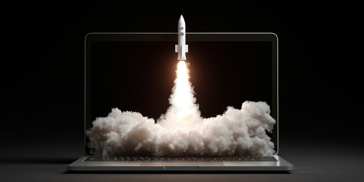 3D rocket blasting off from laptop keyboard with dynamic smoke and fire trail
