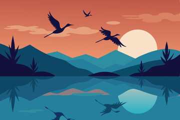 Naklejka premium Serene Sunset Landscape Birds in Flight over Mountain Lake Reflection