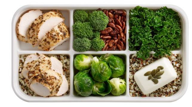 White meal prep container filled with healthy options like sliced chicken, broccoli, pecans, kale, brussel sprouts, rice, quinoa, and tofu, promoting balanced nutrition