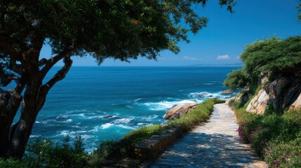 A winding stone pathway meanders through lush plants and colorful flowers, leading to the calm ocean. The bright blue sky and sunlight create a serene atmosphere