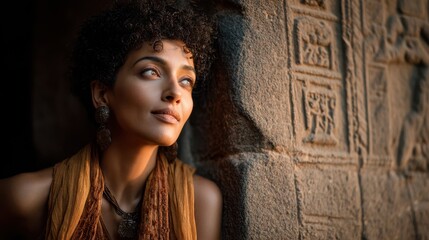 A woman with curly hair stands near a wall adorned with ancient hieroglyphs, lost in deep thought as sunlight casts a warm glow over her. The setting evokes a sense of history and wonder