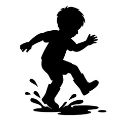 Silhouette of a Child Jumping in Puddles Wearing Rubber Boots. Joyful Childhood Moment, Outdoor Rain Play, Carefree Exploration and Movement