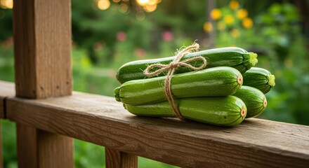 Freshly Harvested Green Zucchini Tied with String on Wooden Fence in Garden with Soft Natural Lighting and Blurred Background