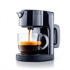 Modern Coffee Maker Brewing Fresh Espresso in Clear Glass Cup