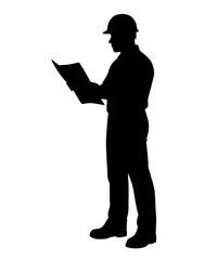 Silhouette of a Construction Worker in Hard Hat Holding Blueprint at Construction Site. Project Planning, Site Supervision, Industrial Engineering, Safety Inspection, Architecture, Building Management