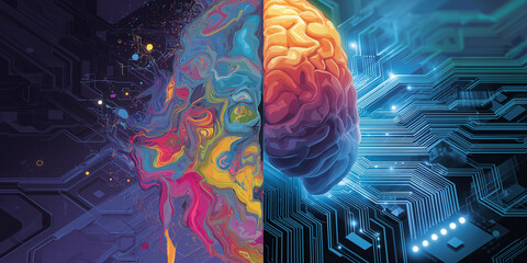 Conceptual split brain with colorful artistic side and digital blue circuit side representing AI and creativity
