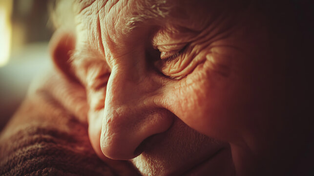Close-up of an elderly person's face, showing deep wrinkles and a contemplative expression