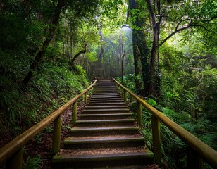 Obraz premium mystical staircase surrounded by lush greenery beckons adventure through the woods