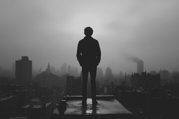 Man standing on a rooftop with hands in pockets silhouette