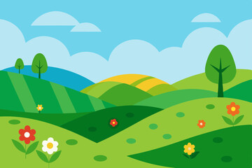 Fototapeta premium Summer landscape illustration of a rural meadow with a rainbow over green hills, trees, and flowers under a clear sky