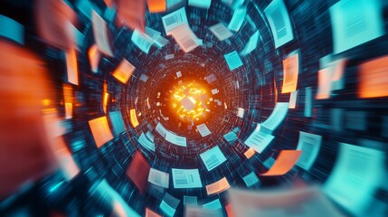 Fototapeta premium Abstract Data Stream Tunnel Technology Digital Documents Flowing Fast Motion Blur Orange Blue Neon Lights Futuristic Background Design Illustration 3D Art Speed Cyber Space Style 