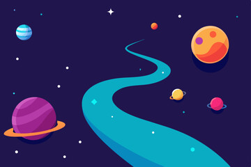Naklejka premium Cartoon illustration of a blue alien planet with its moon against a dark, star-filled night sky