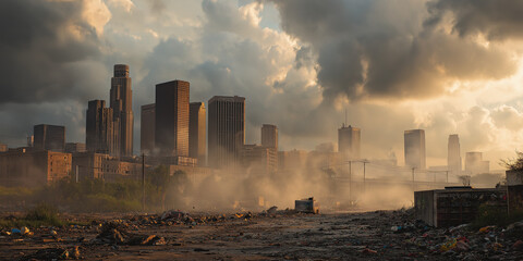 Abandoned city skyline with smoke and debris under golden smoggy skies at sunset
