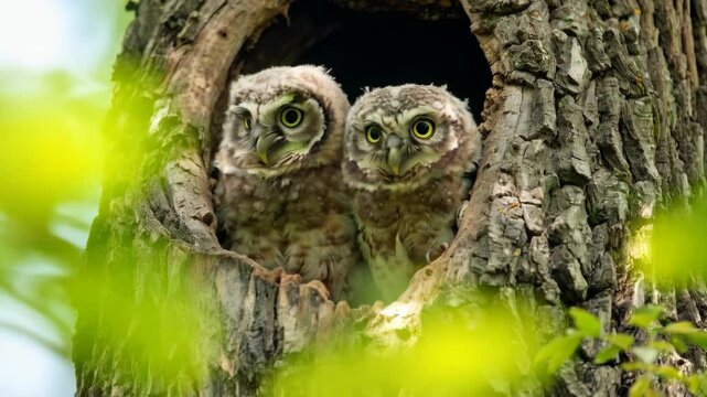 Two cute owlets in their nest inside a tree cavity, with natural light and visible wood grain