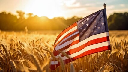 Flying American flag placed in golden wheat field illuminated by the setting sun, patriotic symbolism of farming land.