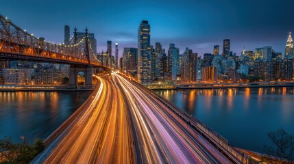 Fototapeta premium The skyline of New York City glimmers as twilight descends, showcasing skyscrapers and the Queensboro Bridge. Traffic flows along the roadway, creating vibrant light trails over the water
