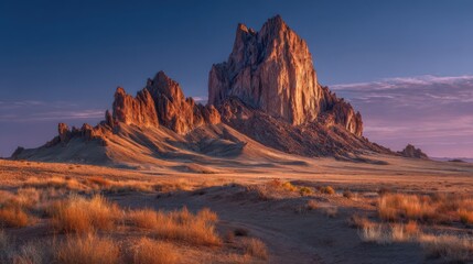 Fototapeta premium A stunning rock formation towers over the dry desert land in New Mexico during sunset. The vibrant colors of the sky enhance the natural beauty of the landscape, creating a serene atmosphere