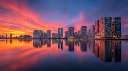Fototapeta premium As the sun sets, vibrant colors fill the sky above a sleek city skyline. Skyscrapers reflect beautifully in the tranquil water, creating a stunning visual composition during twilight