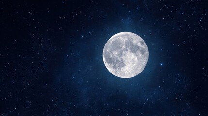 Fototapeta premium The full moon shines brightly against a dark sky, surrounded by twinkling stars, creating a serene nighttime atmosphere. Its surface details are clearly visible, enhancing the celestial view