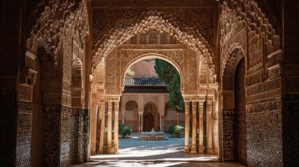 Obraz premium Intricately carved arches frame a tranquil courtyard in a historic Moroccan palace. Sunlight filters through, illuminating the patterns and lush greenery nearby