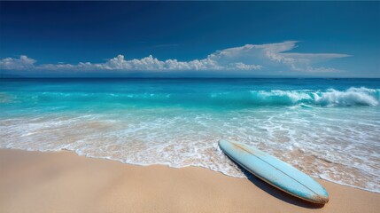 Surfboard lies on the soft sand near the shoreline as turquoise waves roll in under a clear blue sky filled with fluffy clouds. It is a tranquil day at the beach