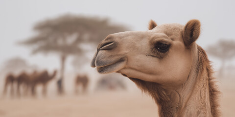 Obraz premium Side portrait of desert camel with herd and acacia tree in sandy background 