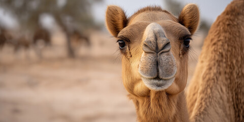 Obraz premium Smiling camel turning its head with desert herd and trees in background 