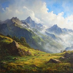Fototapeta premium Majestic mountain range bathed in morning light. Lush green valley, rocky terrain, and misty peaks