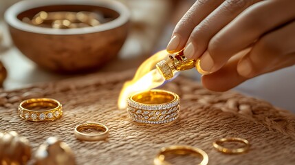 Artisan Goldsmith Soldering Gold Ring with Diamonds Jewelry Making