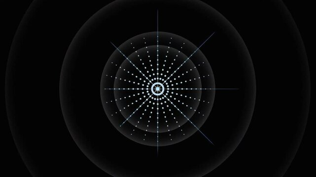 Fractal Animation of Infinite Echoing Rings and Radial Lines with Soundwave-Like Ripples in White on Black with Glowing Gradient Trails and Symmetrical Hypnotic Visual Rhythm