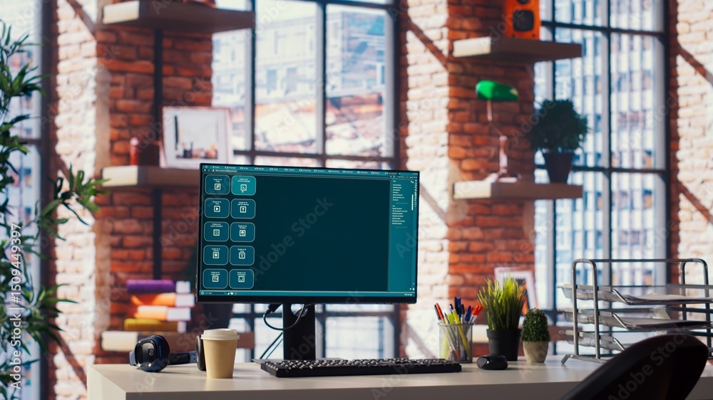 Poster ai llm chatbot software interface on pc in home office showing virtual assistant answering prompts. 