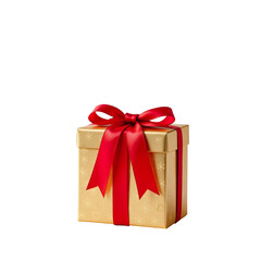 Obraz premium Shiny Gold Gift Box with Bright Red Ribbon Ready for Festive Celebrations and Special Occasions