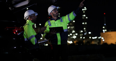 Industrial System Engineers Discussing Over Laptop And Digital Tablet While work over night at Refinery and gas petrochemical plant