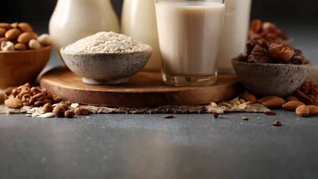 Assorted nut and oat milk products in clear glasses and bottles on wooden board with almonds, oats, and dates
