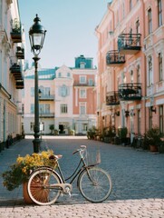 A vintage bicycle leans against a flower-filled planter in a picturesque courtyard. Pink buildings and a classic lamp post frame the scene on a sunny morning